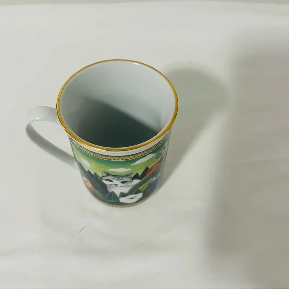 Vintage Russ Berrie Four Seasons Majestic Cat Mug Coffee Tea Beautiful Green